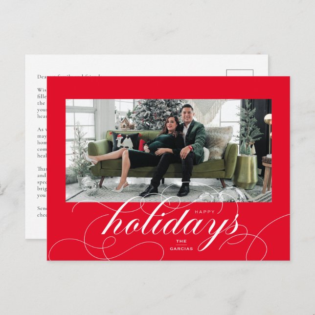 Elegant Flourish Script Red Holiday Photo Card (Front/Back)