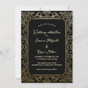 Elegant Flourish Vintage Frame   Wedding Black Invitation