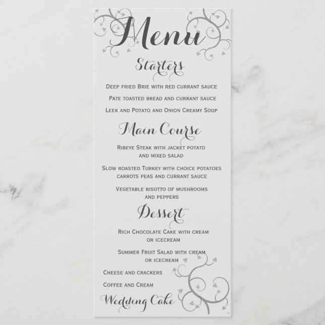 Elegant Flourish With Hearts Wedding Menu (Front)
