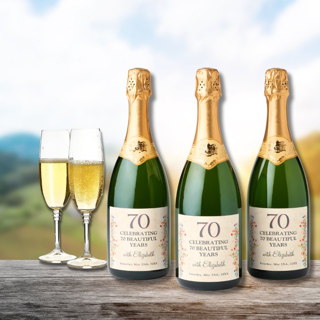 Elegant Flower 70 Years Party Floral 70th Birthday Sparkling Wine Label (Creator Uploaded)