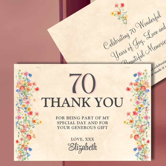 Elegant Flower 70 Years Party Floral 70th Birthday Thank You Card (Creator Uploaded)