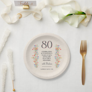 Elegant Flower 80 Years Party Floral 80th Birthday Paper Plate