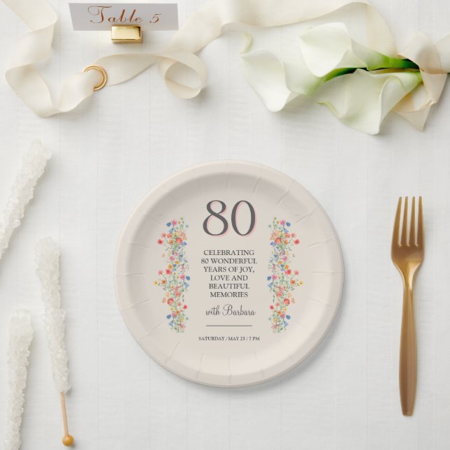 Elegant Flower 80 Years Party Floral 80th Birthday Paper Plate (Wedding)