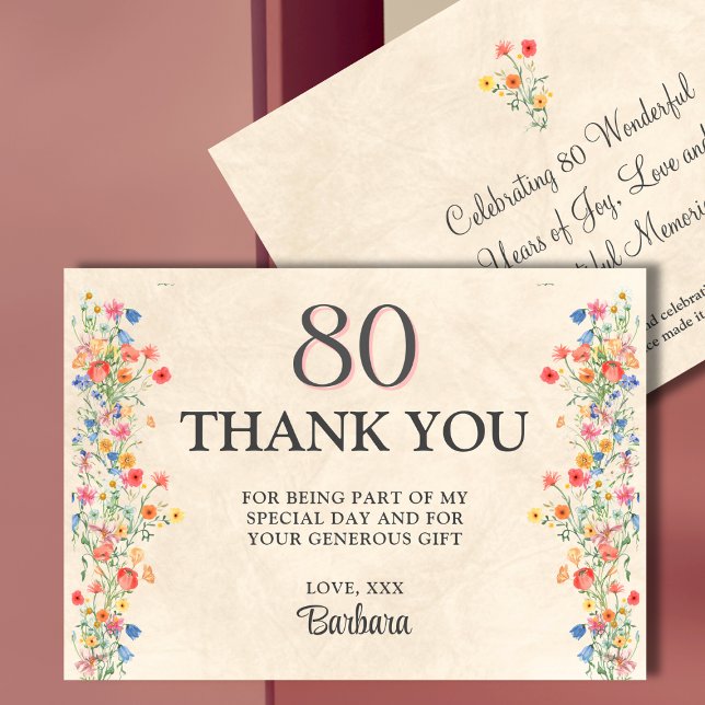 Elegant Flower 80 Years Party Floral 80th Birthday Thank You Card (Creator Uploaded)