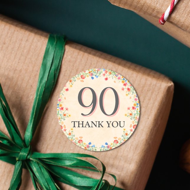 Elegant Flower 90 Years Party Floral 90th Birthday Classic Round Sticker (Creator Uploaded)