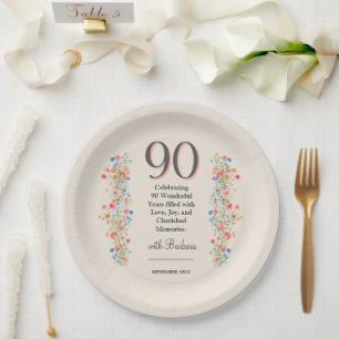 Elegant Flower 90 Years Party Floral 90th Birthday Paper Plate
