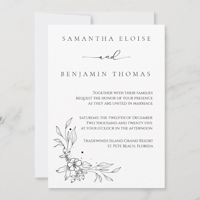 Elegant Flower Black and White  Invitation (Front)