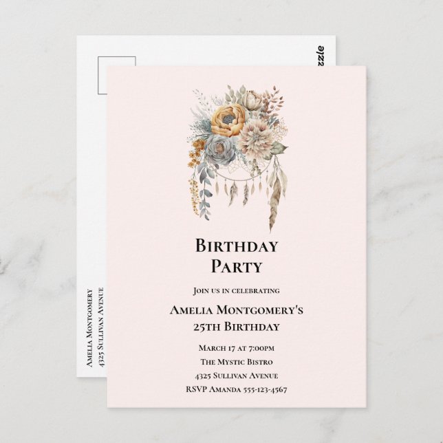 Elegant Flower Bouquet with Dreamcatcher Birthday Postcard (Front/Back)