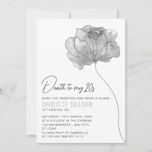 Elegant Flower "Death to My 20s" 30th Birthday Invitation (Front)