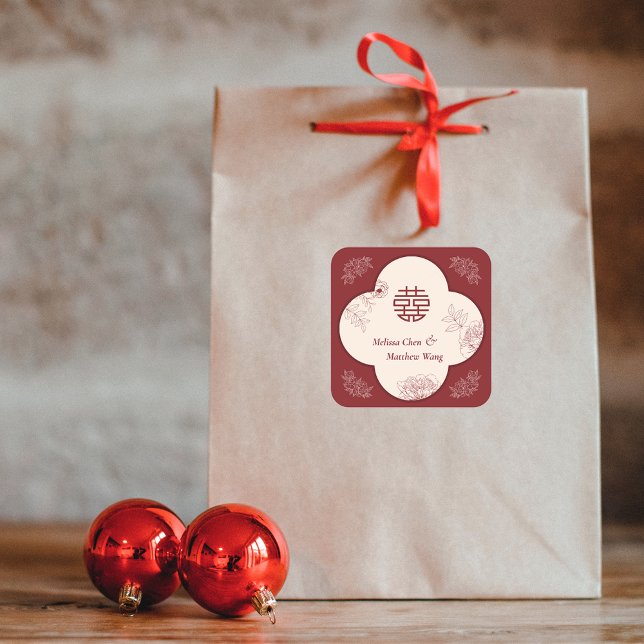 Elegant Flower Double Xi Chinese Wedding Square Sticker (Elegant Flower Double Xi Chinese Wedding Square Sticker)