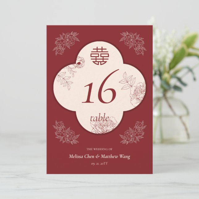 Elegant Flower Double Xi Wedding 5x7 Table Number (Standing Front)