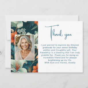 Elegant Flower Foliage Pattern Photo Birthday Thank You Card