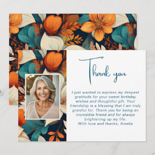 Elegant Flower Foliage Pattern Photo Birthday Thank You Card