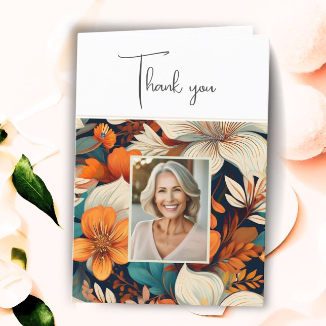 Elegant Flower Foliage Pattern Photo Birthday  Thank You Card (Creator Uploaded)
