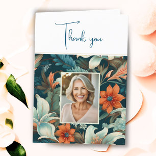 Elegant Flower Foliage Pattern Photo Birthday  Thank You Card