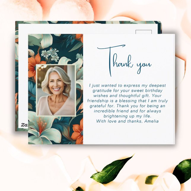 Elegant Flower Foliage Pattern Photo Thank you Postcard (Creator Uploaded)