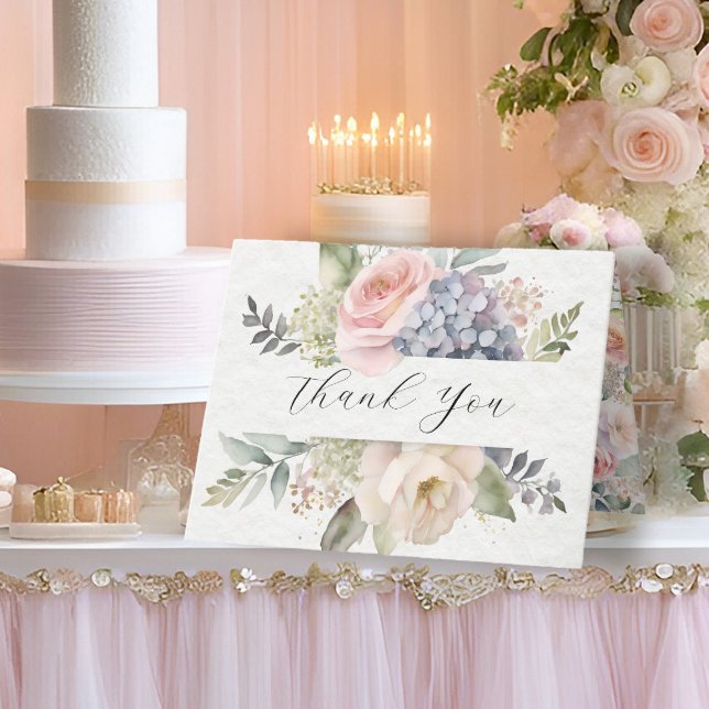 Elegant Flower Garden Pink Rose Blue Hydrangeas Thank You Card (Creator Uploaded)