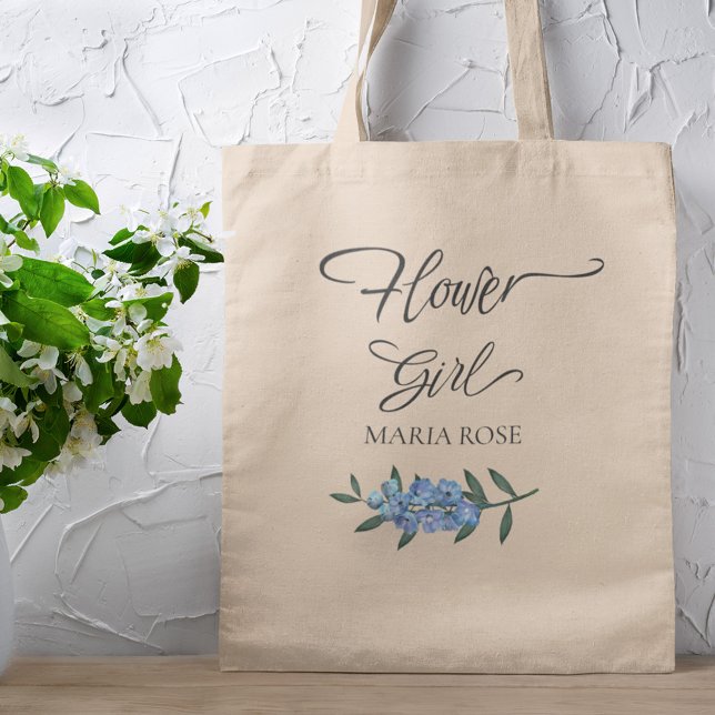 Elegant Flower Girl Blue Floral Calligraphy Tote Bag (Creator Uploaded)