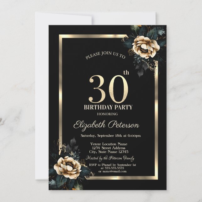 Elegant Flower Gold Frame Black 30th Birthday  Invitation (Front)
