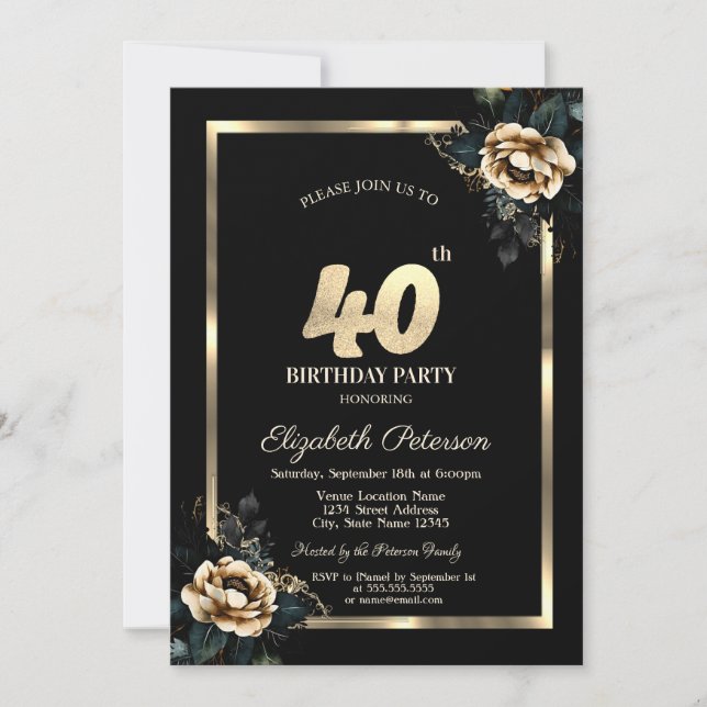 Elegant Flower Gold Frame Black 40th Birthday  Invitation (Front)