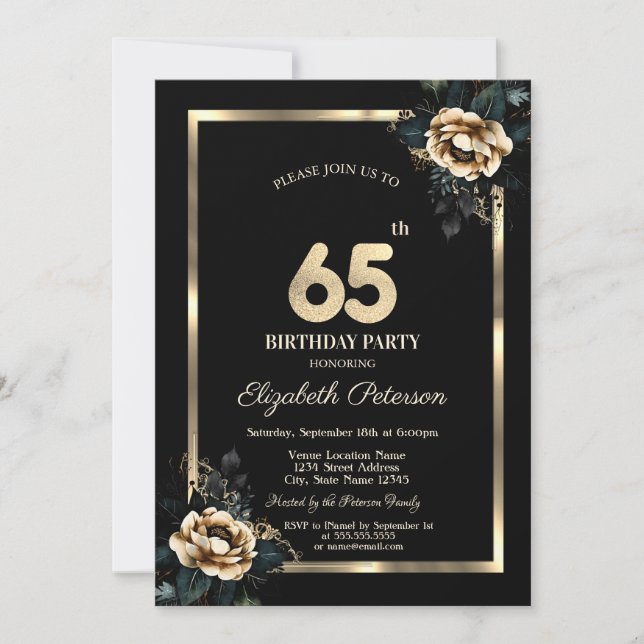 Elegant Flower Gold Frame Black 65th Birthday  Invitation (Front)