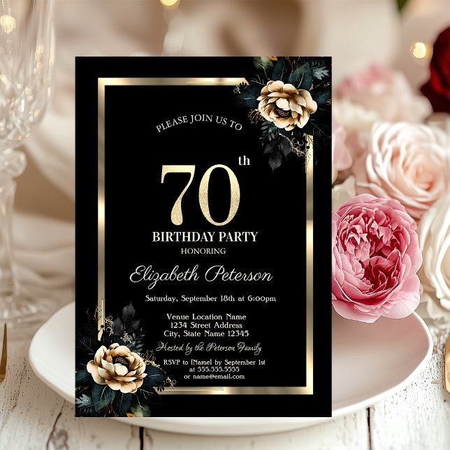 Elegant Flower Gold Frame Black 70th Birthday  Invitation (Creator Uploaded)