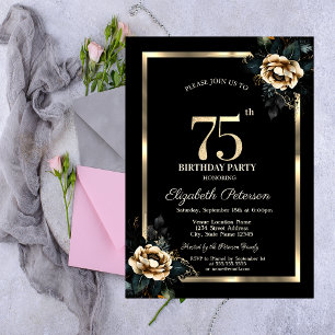 Elegant Flower Gold Frame Black 75th Birthday  Invitation