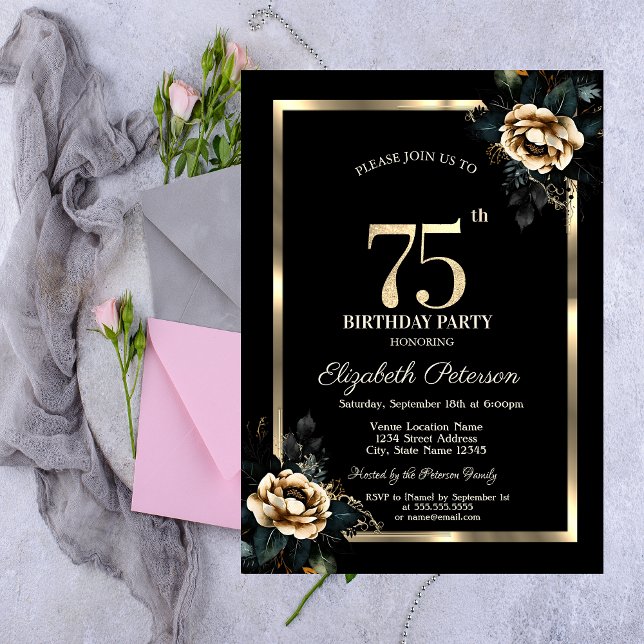 Elegant Flower Gold Frame Black 75th Birthday  Invitation (Creator Uploaded)