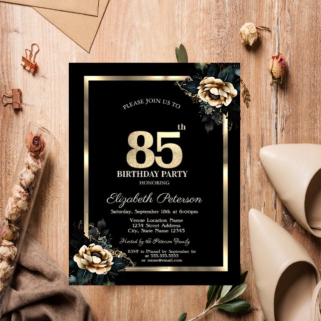 Elegant Flower Gold Frame Black 85th Birthday  Invitation (Creator Uploaded)