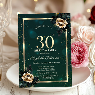 Elegant Flower Gold Frame Stars Green 30th Invitation