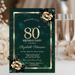 Elegant Flower Gold Frame Stars Green 80th  Invitation