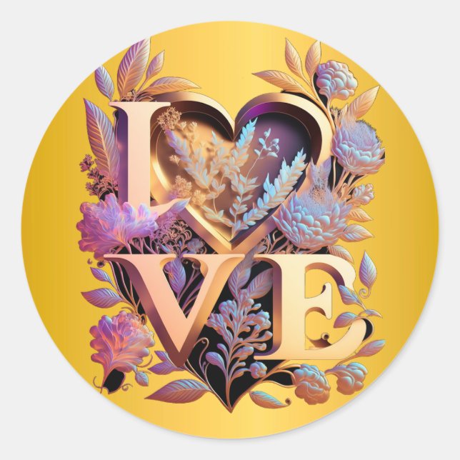 Elegant Flower, Heart and Golden Love Classic Round Sticker (Front)