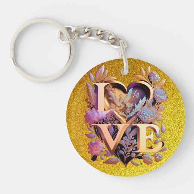 Elegant Flower, Heart and Golden Love Key Ring (Front)