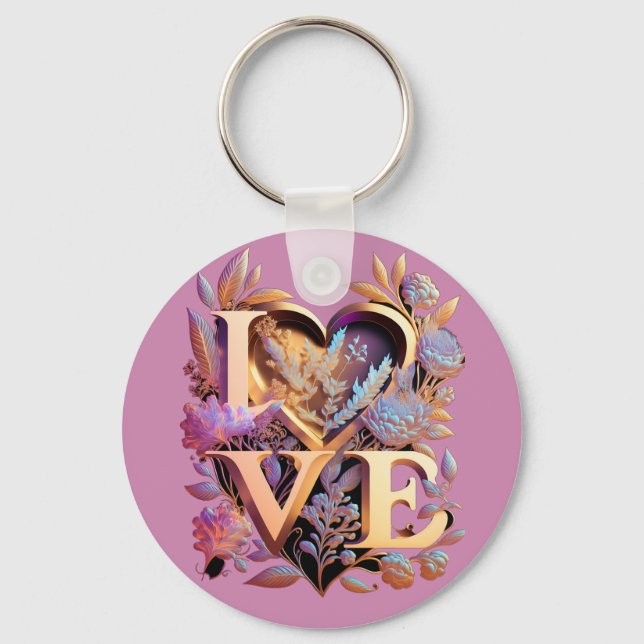 Elegant Flower, Heart and Golden Love Key Ring (Front)