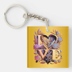 Elegant Flower, Heart and Golden Love Key Ring