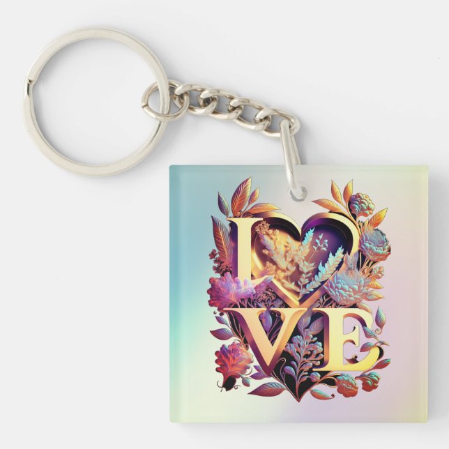 Elegant Flower, Heart and Golden Love Key Ring (Front)