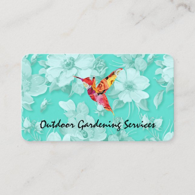 Elegant Flower Pattern Green and Hummingbird Business Card (Front)