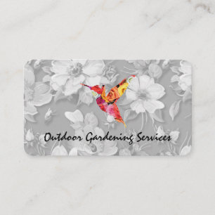 Elegant Flower Pattern Grey and Hummingbird Business Card