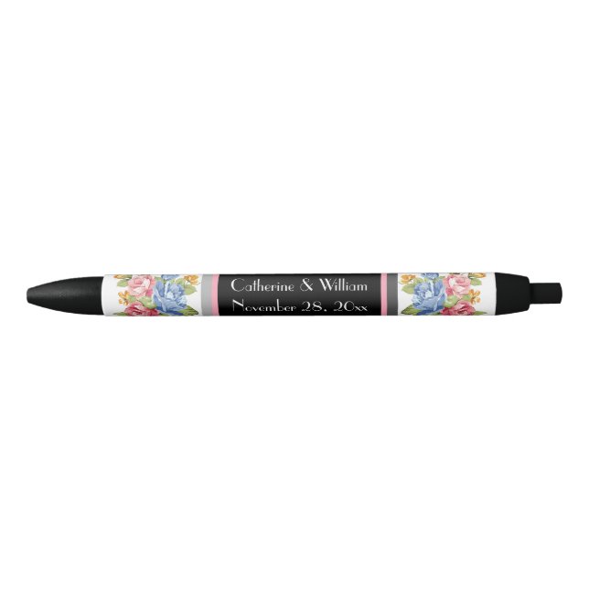 Elegant Flower Pattern Wedding Bride Groom Black Ink Pen (Front)