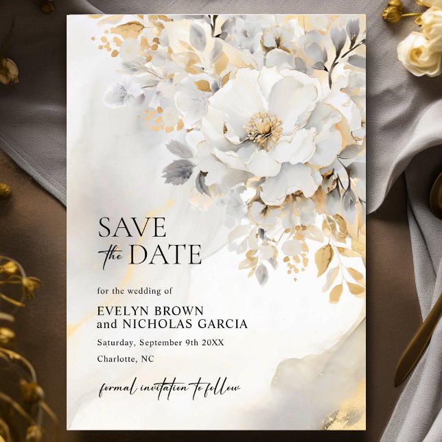 Elegant Flower Peony Gold Grey Black Wedding Save The Date (Elegant Flower Peony Gold Grey Black Wedding Save The Date)