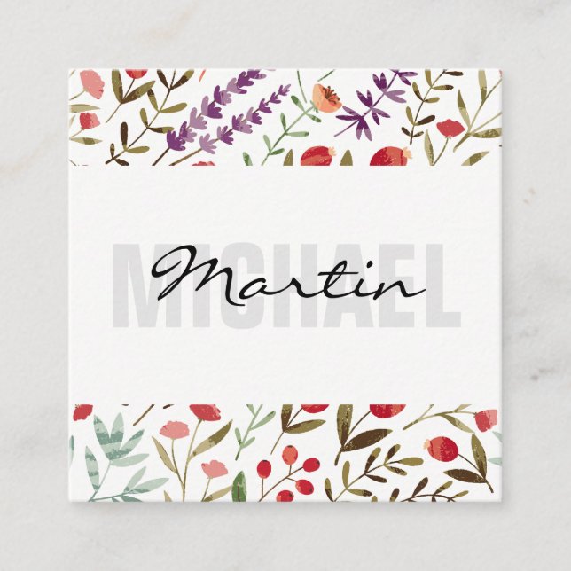 Elegant Flower Trim Pattern Square Business Card (Front)