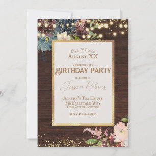 Elegant Flowers and Fairy Lights on Wood Invitation