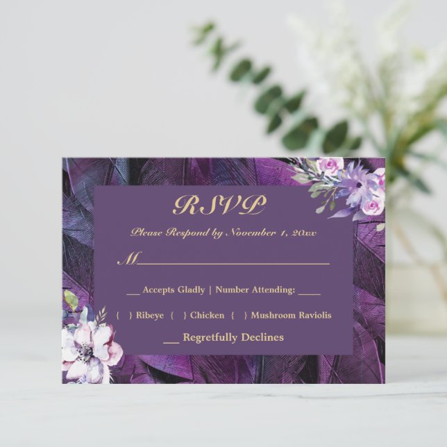 Elegant Flower's and Feathers RSVP Card (Standing Front)