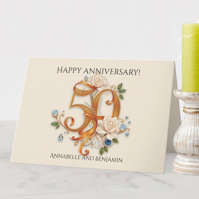 Elegant Flowers and Gems 50th Wedding Anniversary  Card (Creator Uploaded)