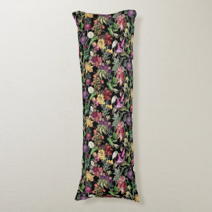 Elegant flowers and leaves black floral pattern body cushion