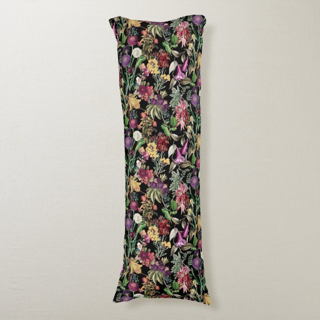 Elegant flowers and leaves black floral pattern body cushion (Front Vertical)