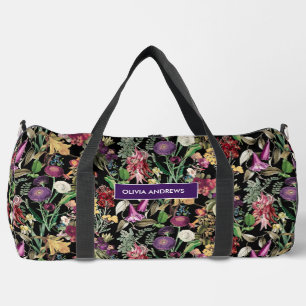 Elegant flowers and leaves black floral Pattern Duffle Bag