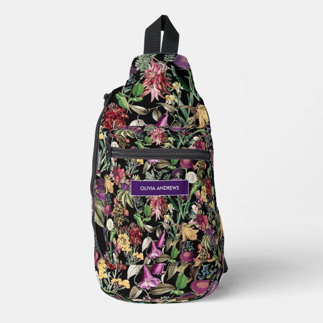 Elegant flowers and leaves black floral Pattern Sling Bag (Front)