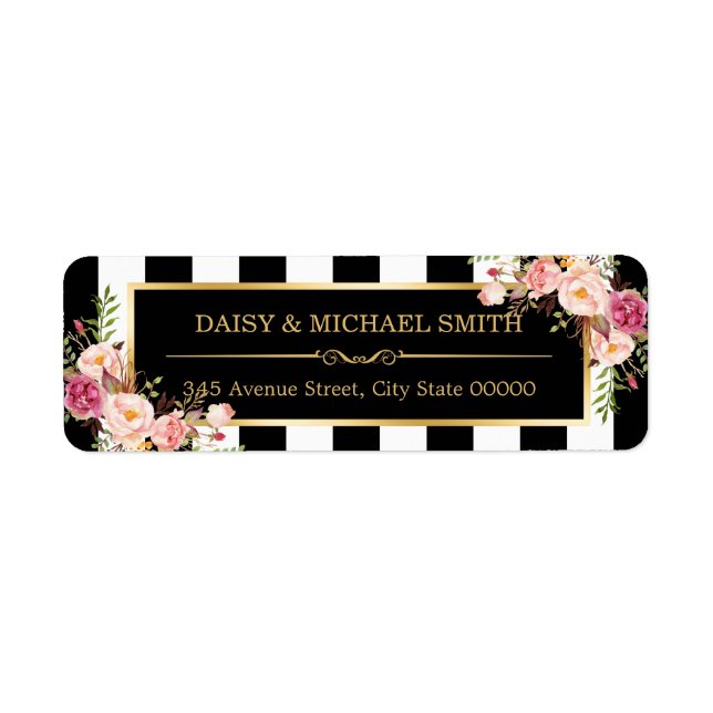 Elegant Flowers Black White Stripes Gold Frame (Front)