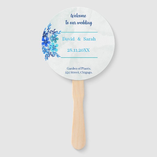Elegant Flowers Blue Custom Wedding Program Hand Fan (Front)